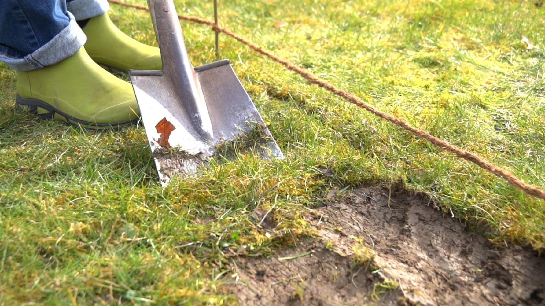 Vorbereitung der Aussaat: Rasennarbe abtragen Schritt 2: Grasnarbe abtragen und Gestaltung der Form der Blumenwiese